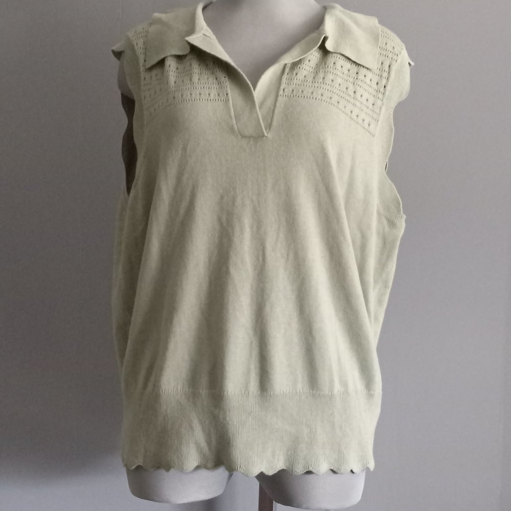 Joie sleeveless open collar pointelle knit banded bottom sweater shell preppy 1X